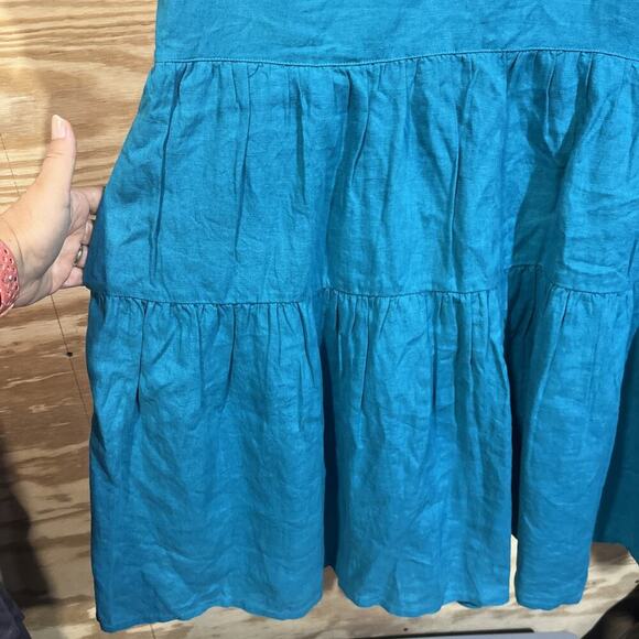 Chico's 100% Linen Embellished Cap Sleeve Dress Tiered Teal Green Midi Size 14 - Picture 7 of 12